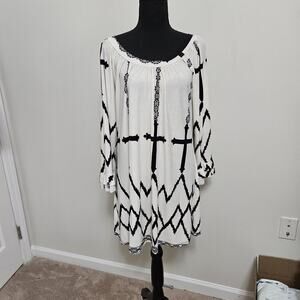 Cezanne Ivory Dress Black Cross And Zig Zag Design Short Shift Ruffled Sleeve XL